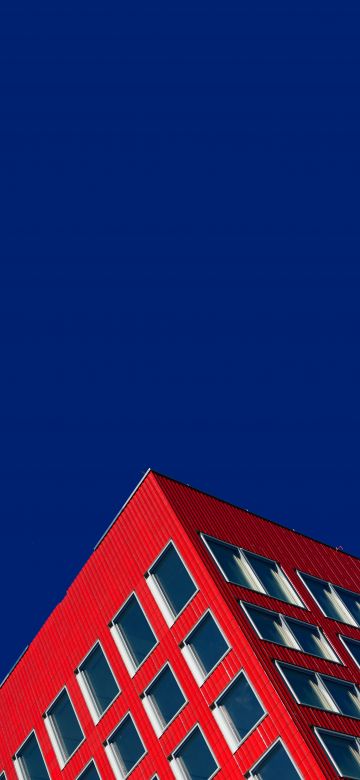 Red Building, Blue Sky, Clear sky, Geometric, Low Angle Photography, Windows, Pattern, 5K