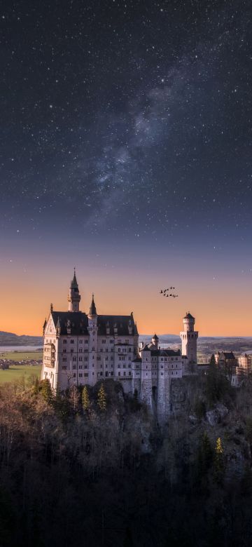 Neuschwanstein Castle, 5K, Germany, Landscape, Starry sky, Ancient architecture, Astronomy, Stars, Outer space