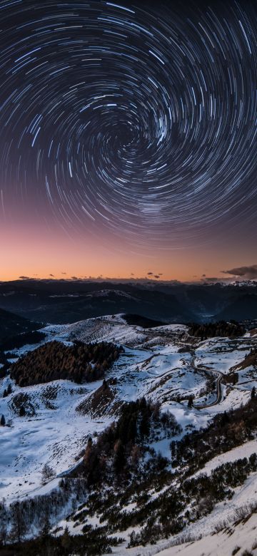 Dolomites, Italy, Mountain range, Snow covered, Mountains, Outer space, Galaxy, Astronomy, Star Trails, 5K