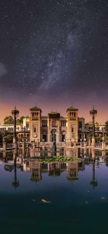 Castle, Water, Fountain, Reflection, Outer space, Milky Way, Stars, Pond, Sunset, 5K