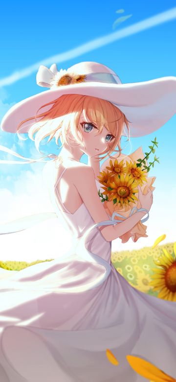 Anime girl, Sunflowers, Sunny day, 5K