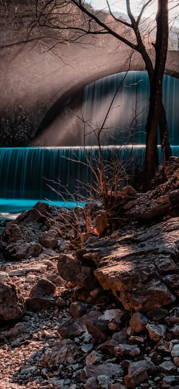 Waterfall, Long exposure, Forest, Autumn, Fall, Sun rays, 5K, Brown aesthetic