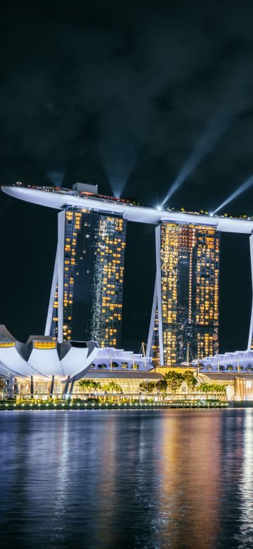 Marina Bay Sands, Singapore, Hotel, Night life, City lights, Body of Water, Reflection, Light beam, Dark, Modern architecture, Cityscape, 5K