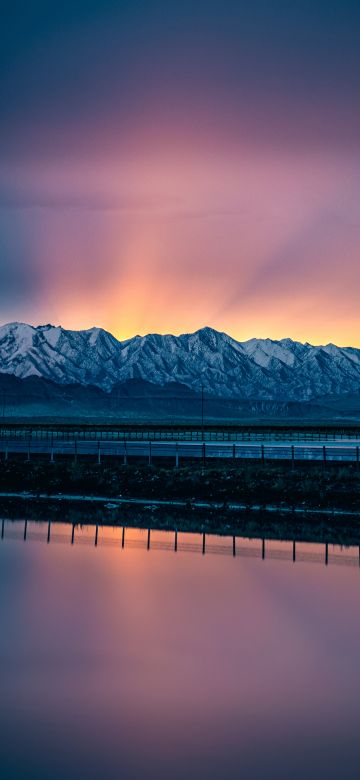 Snow mountains, Landscape, Sunrise, Salt Lake City, Water, Reflection, Scenery, Reflection, Mountain range, Clear sky, 5K