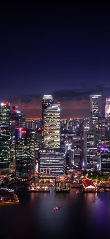 Singapore City, Cityscape, Modern architecture, Skyscrapers, Night life, City lights, Waterfront, Reflection, 5K