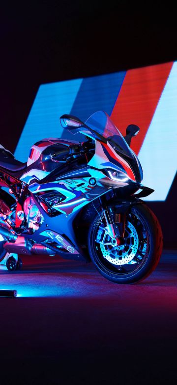 BMW M 1000 RR, Neon, Race bikes, 2021, 5K, Dark background, Dark aesthetic