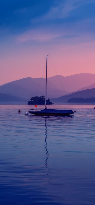 Windemere lake, Boat, Bowness Bay, Dawn, Body of Water, Evening, Mountains, Colorful Sky, 5K