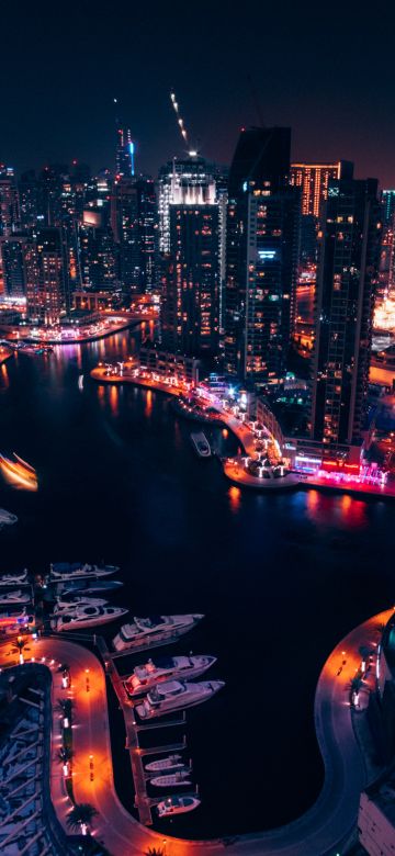 Dubai Marina, United Arab Emirates, Boats, Cityscape, Modern architecture, Night time, City lights, Aerial view, 5K