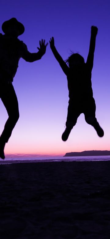 Silhouette, Jumping, Couple, Sunset, Purple sky, Beach, 5K