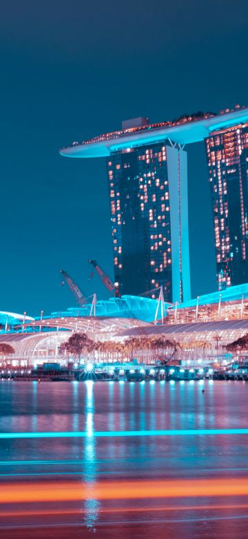 Marina Bay Sands, Hotel, Singapore, Blue hour, Night lights, Waterfront, Reflection, Modern architecture, Blue Sky, 5K