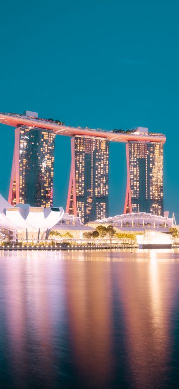 Marina Bay Sands, Reflection, Hotel, Singapore, Blue hour, Night life, City lights, Body of Water, Modern architecture, Cityscape, Blue Sky, 5K