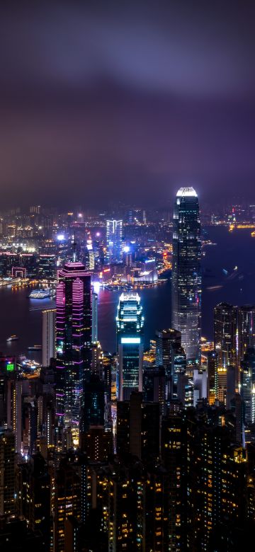 Hong Kong City Skyline, Body of Water, Skyscrapers, Night time, Cityscape, Aerial view, City lights, River, 5K