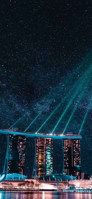 Marina Bay Sands, Night City, Hotel, Singapore, Stars, Night life, City lights, Body of Water, Reflection, Light beam, Modern architecture, Laser Lights, Astronomy, Cityscape, 5K, Dark aesthetic