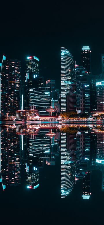 Singapore City, Skyscrapers, Modern architecture, Night life, City lights, Reflection, Symmetrical, Buildings, Body of Water, 5K