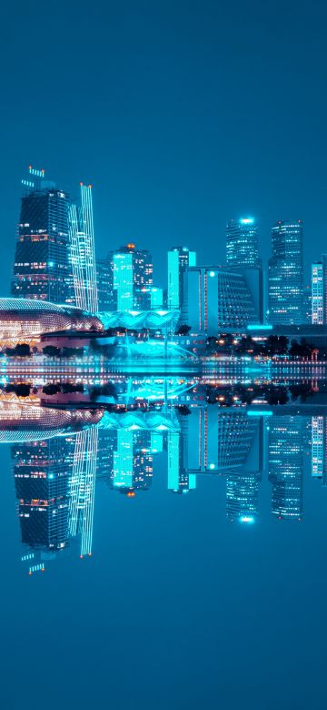 City Skyline, Singapore, Blue hour, Night life, Cityscape, Reflection, Symmetrical, Body of Water, Skyscrapers, Blue Sky, City lights, Modern architecture, 5K