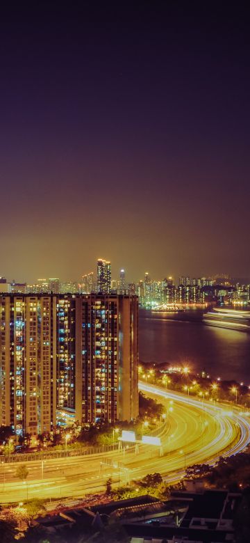 Quarry Bay Park, Hong Kong City, Cityscape, Night time, City lights, Highway, Buildings, Skyscrapers, Sea, Purple sky, Body of Water