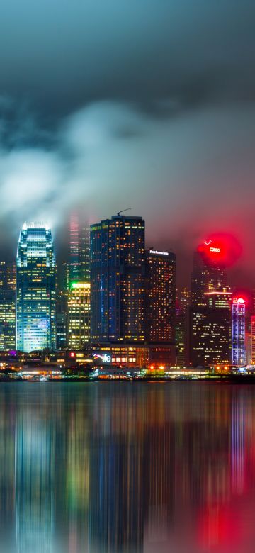 Hong Kong City, 8K, Skyline, Body of Water, Reflection, Skyscrapers, Modern architecture, Cityscape, Night lights, Scenic, 5K