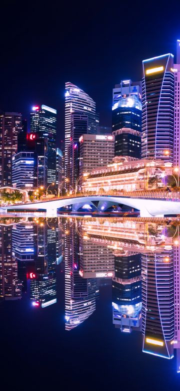 Singapore, City Skyline, Skyscrapers, Modern architecture, Body of Water, Reflection, Symmetrical, Cityscape, Night time, City lights, Beautiful, 5K