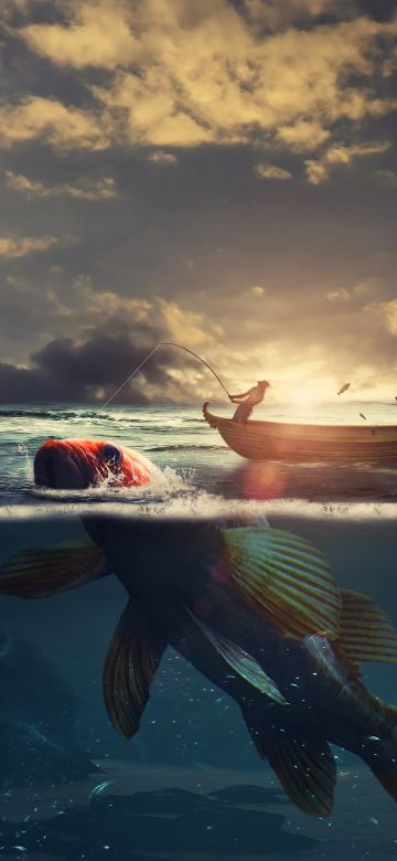 Surreal, Fishing, Boat, Sea, Sunrise, Underwater