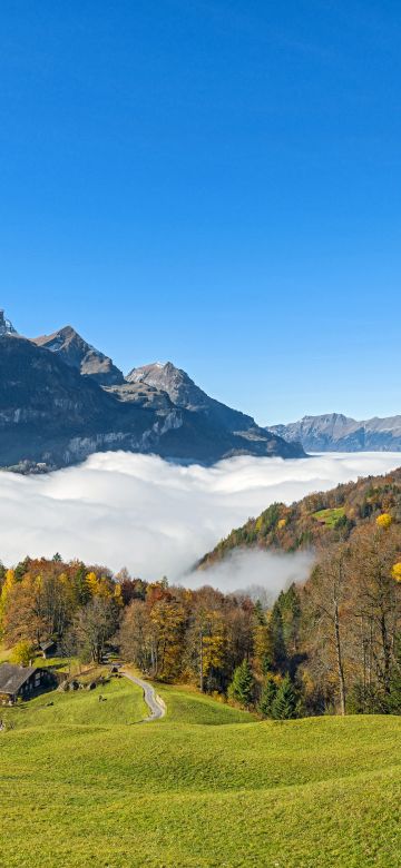 Green landscape, Mountain, Fog, Trees, Forest, House, Autumn, Grass, Blue Sky, Clear sky, Beautiful, Scenery, 5K, 8K