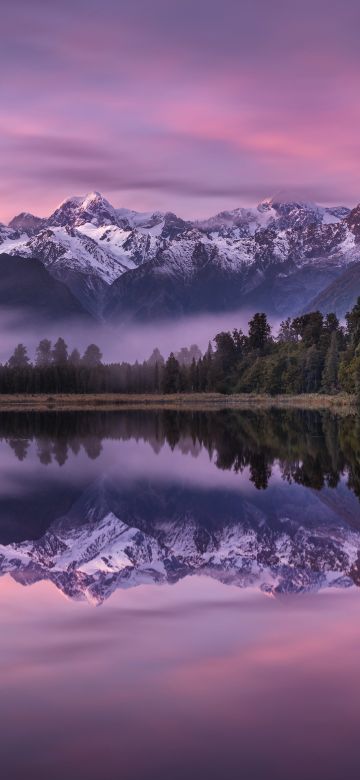 Lake Matheson, Aesthetic, New Zealand, Landscape, Mountains, Lake, Water, Winter, Reflection, Glacier, Trees, Purple sky