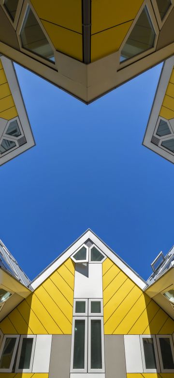 Cube Buildings, Rotterdam, Netherlands, Yellow, Geometrical, Symmetry, Blue Sky, Look up