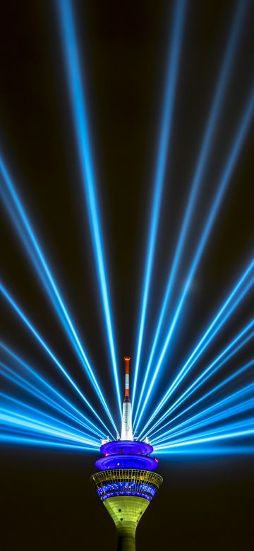 Rhine Tower, Rheinturm, Düsseldorf, Germany, Television Tower, Light beam, Laser Lights, Blue light, Black background, Night life