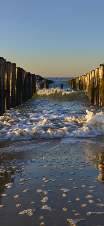 Breskens Beach, Holland, Netherlands, Breakwaters, Sea, Ocean, Waves, Seascape, Woods, Pattern, Evening, Sunset, Coast, 5K