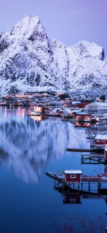 Reine, Lofoten islands, Snow mountains, Glacier, Reflection, Village, Water, Norway, Aesthetic, 5K, 8K