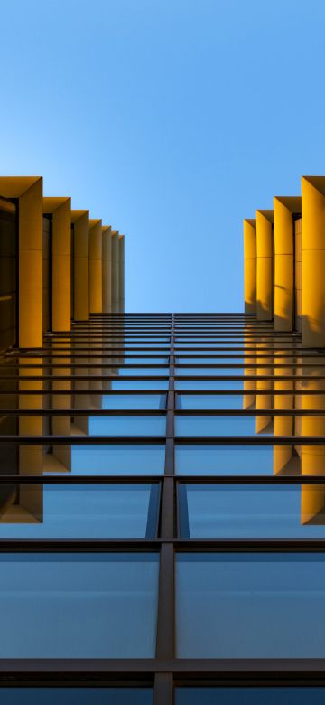 Modern architecture, Look up, Reflection, Glass building, Symmetrical, Blue, Orange, Exterior, Blue Sky, 5K