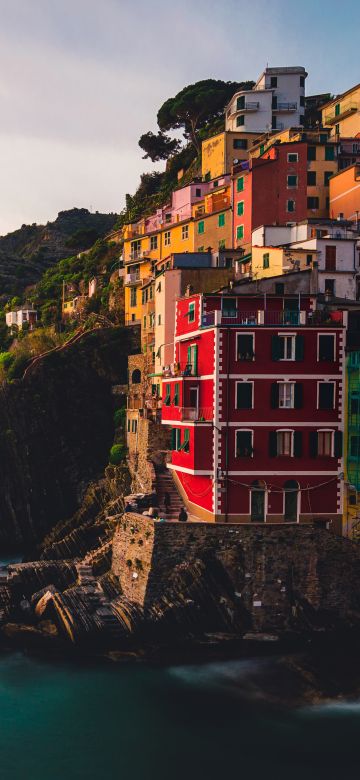 Riomaggiore, Village, Sunset, Cliff, Ocean, Rocky coast, Italy, 5K