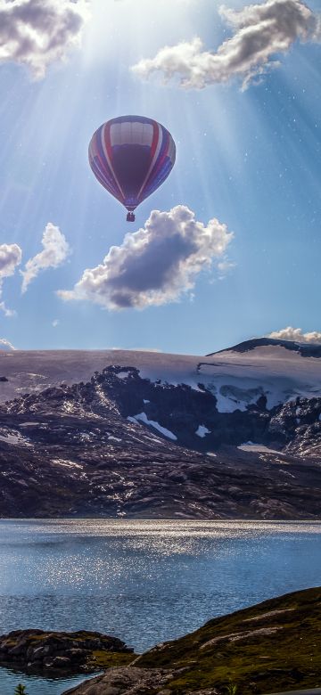 Hot air balloon, Mountains, Lake, Sun rays, Sun light, Clouds, Landscape, Norway, 5K