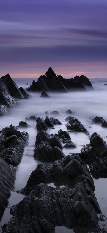 Atlantic coast, Rocky coast, Foggy, Mist, Evening, Dusk, Hartland Quay, Devon, United Kingdom, Scenic, Purple sky, 5K