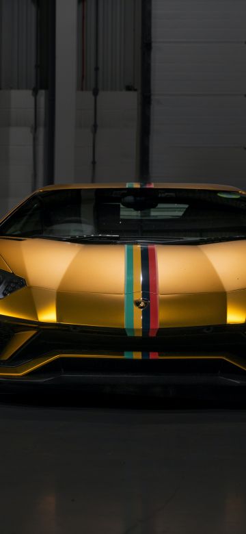 Lamborghini Aventador, 8K, Sports cars, Golden yellow, Dark background, 5K