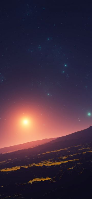 Sunset, Planet, Stars, Aerial view, Astronomy, 5K, 8K