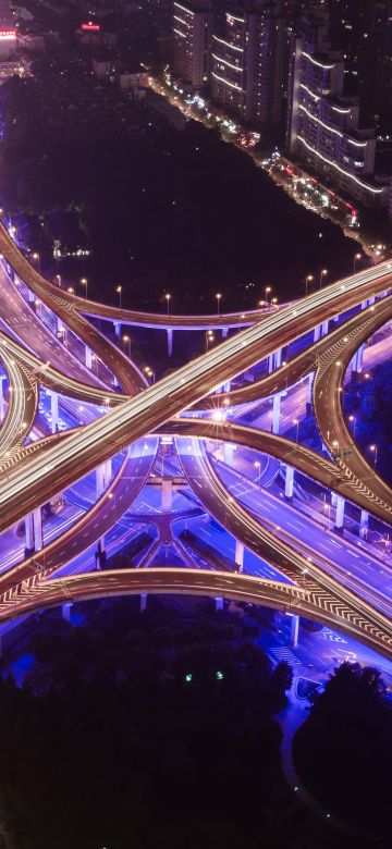 Interchange, Roads, Intersection, Cityscape, Aerial view, Night time, City lights, Purple light, Bridge, Skyscrapers, 5K