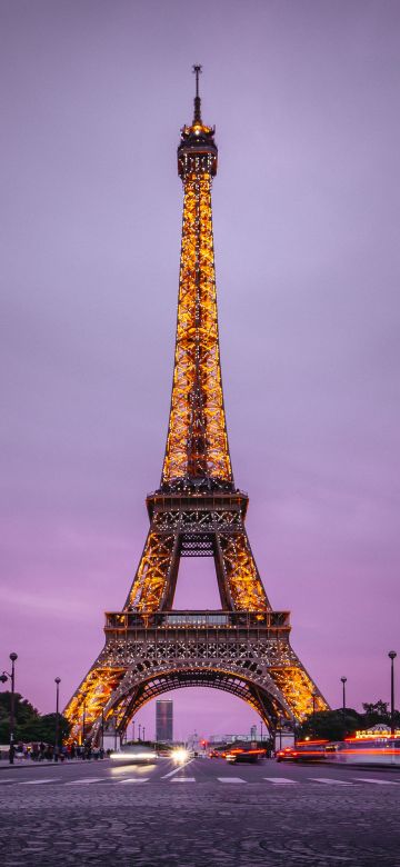 Eiffel Tower, Aesthetic, Paris, France, Evening, Purple sky, Lights, Iconic