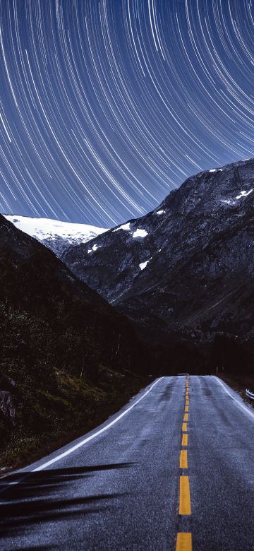 Mountains, Star Trails, Road, Tarmac, Night, Timelapse, Dark, 5K