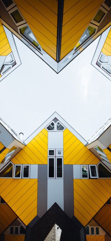 Cube houses, Rotterdam, Netherlands, Yellow, Grey, Geometrical, Symmetry, Skylight, Pattern, 5K