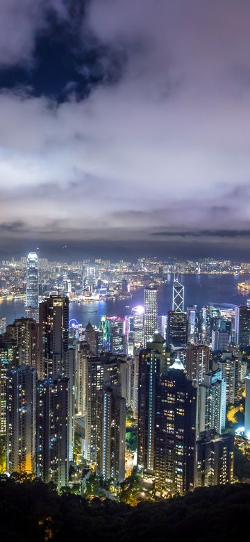 Hong Kong City, Skyline, River, Night time, Skyscrapers, Clouds, Cityscape, 5K