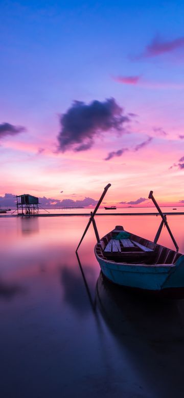 Rowing boat, Sunset, Body of Water, Beach, Reflection, Evening, Dawn, Ocean, Purple sky, Clouds, Seascape, Aesthetic, 5K