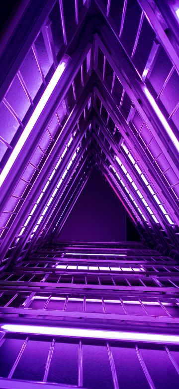 Neon Triangle, Purple light, Low Angle Photography, Look up, Geometrical, Indoor, Neon Lights, Glowing, Vibrant, Triangles, Aesthetic