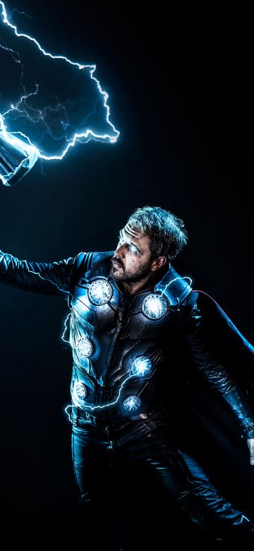 Thor, Stormbreaker, God of Thunder, Dark background, Marvel Superheroes, Lightning Strike