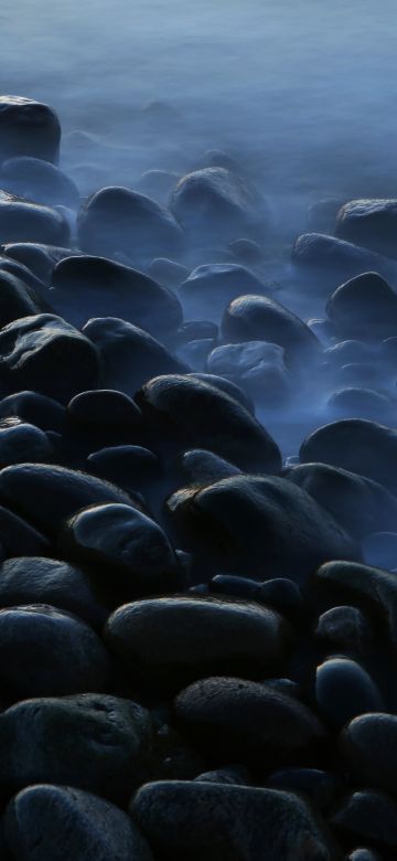 Pebbles, Foggy, Stones, Seashore, Mist, Dark, 5K