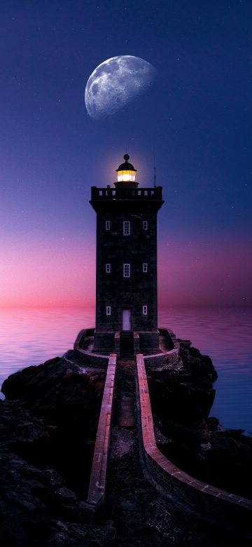 Lighthouse, Moon, Sunset, Evening