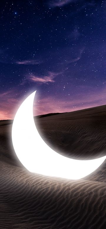 Half moon, Fallen, Desert, Starry sky, Evening sky, Dawn, Sunset