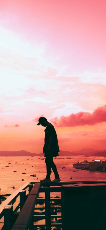 Alone, Silhouette, Cityscape, Hong Kong City, Pink sky, Skyscrapers, River, Person, Standing, Clouds, Sunset