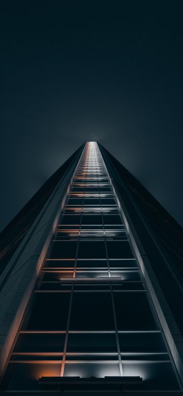 High rise building, Low Angle Photography, Look up, Dark background, Geometrical, Symmetry, 5K