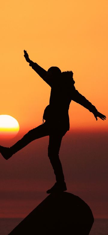 Silhouette, Person, Balance, Sunset, Orange sky, Dawn, Standing, Rock, 5K