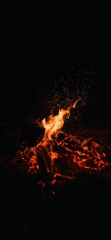 Bonfire, Dark, Black background, Campfire, Flame, Night time, Burning, Outdoor, 5K